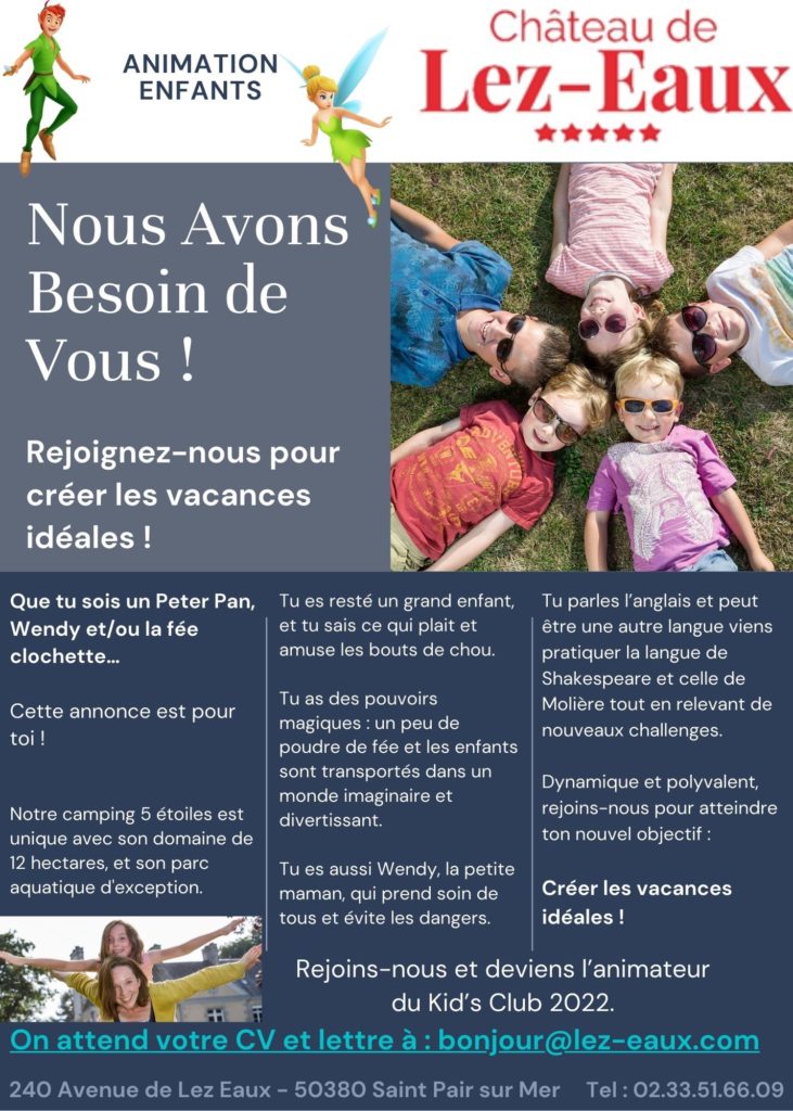 Emploi club enfant - animation camping Château de Lez-Eaux granville