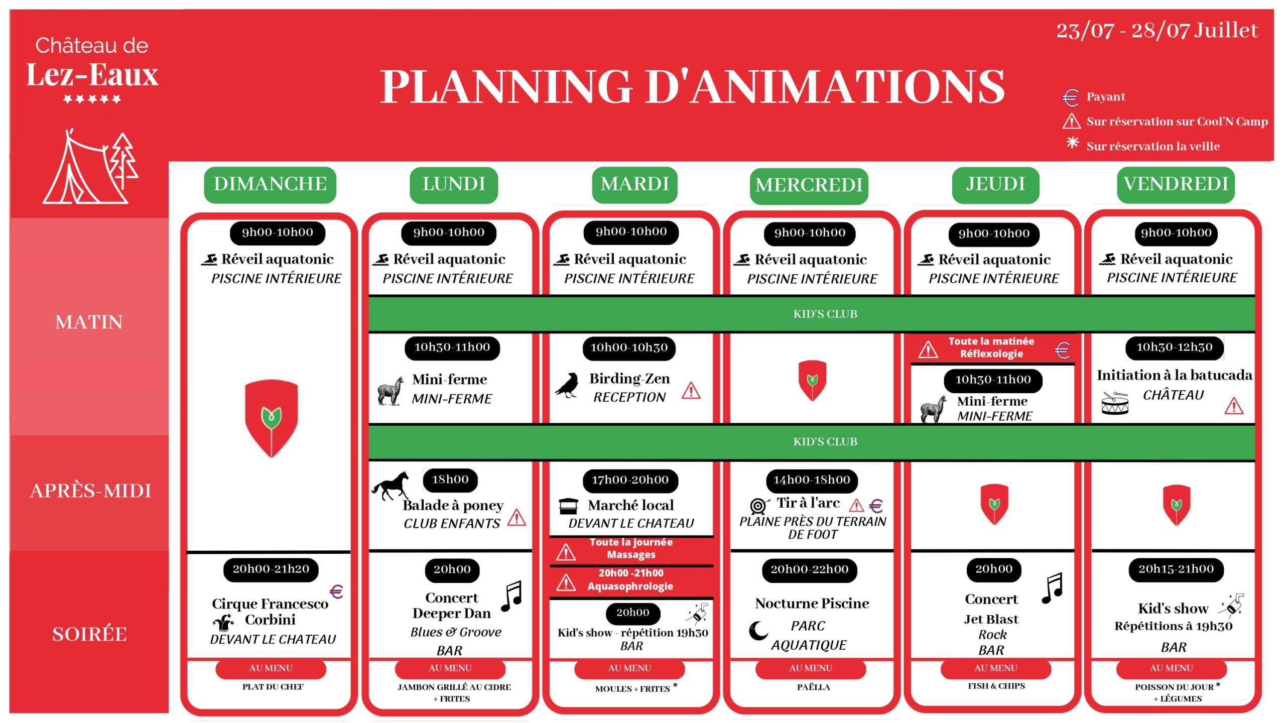 Planning d'animations camping 23 juillet