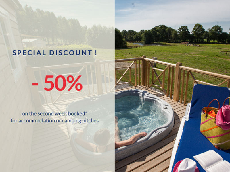 How to get the discount off 50% on the second week booked in a mobile-home or in camping pitches at Castels Château de Lez-Eaux campsite?