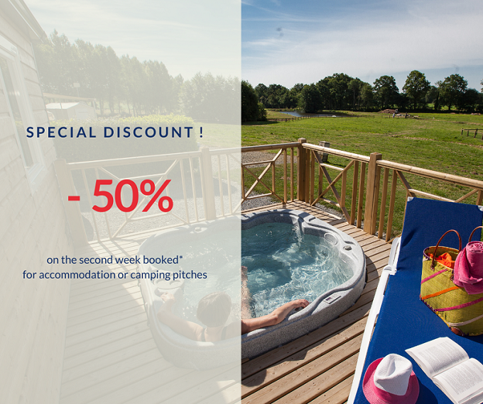 How to get the discount off 50% on the second week booked in a mobile-home or on camping pitches at Castels Château de Lez-Eaux campsite?